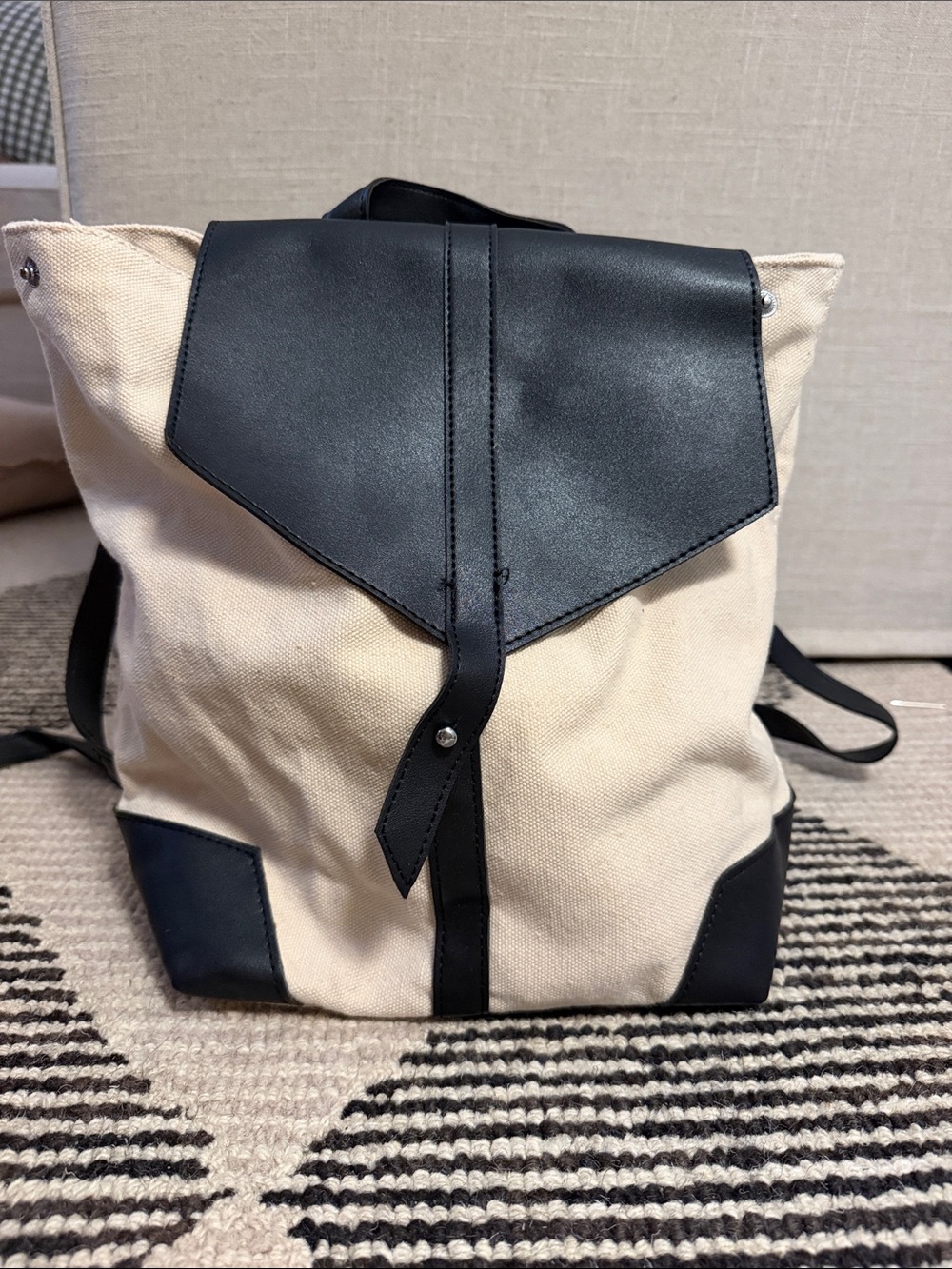 Deux Lux Cream Canvas Backpack with Black Faux Leather Trim